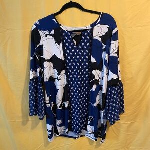 JM Collection Blue, White & Black Mixed-Print Bell Sleeve Tunic Top